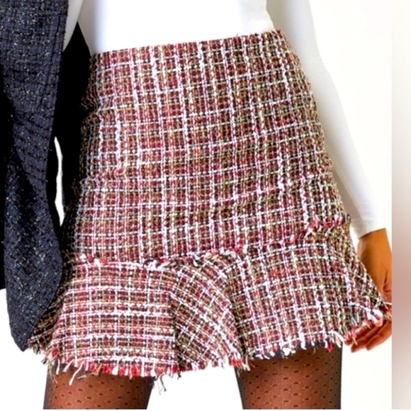 NWT Tartan Plaid Tweed Mini Skirt Womens Large Metallic Ruffle Drop Waist Frayed - Picture 4 of 16